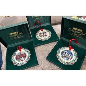 Longaberger Club Christmas China Ornaments THREE Set 1996, 1997, 1999  +Case